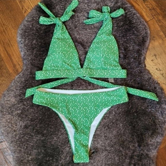 New Green Print V-plunge Triangle Bralette Bikini Set Swimsuit Size L - Picture 5 of 7